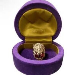 Gucci Lion Head Ring Gold Finish Red Swarovski Crystal Statement Jewelry
